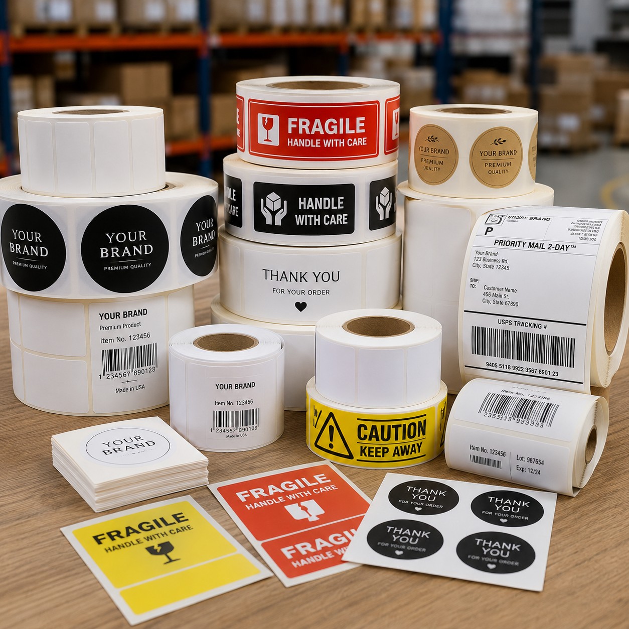 Labels, branded stickers and shipping labels