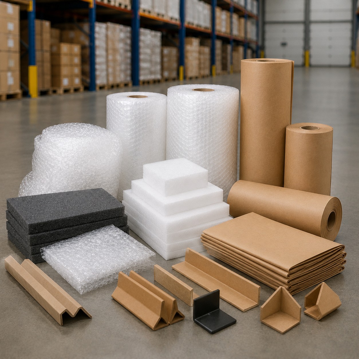 Bubble wrap, foam, kraft paper and edge guards